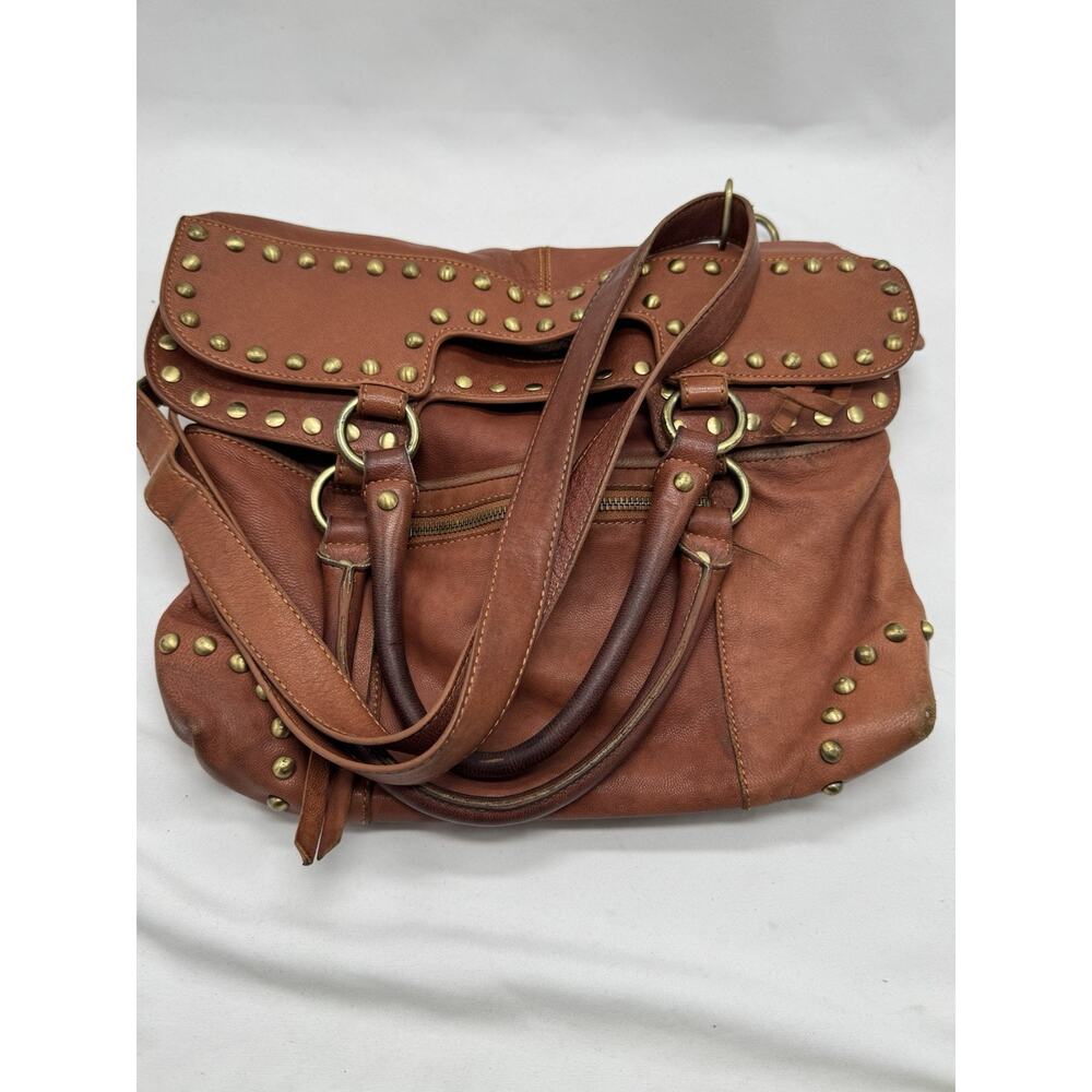 Sorial New York Brown Leather Brass Studded Convertible Crossbody Bag Satchel